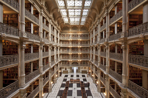 steampunktendencies:  Cathedral of books -George Peabody LibraryCompleted in 1878, it was designed by Baltimore architect Edmund G. Lind in collaboration with the first Peabody provost, Nathaniel H. Morison, that described it as a “cathedral of books.”