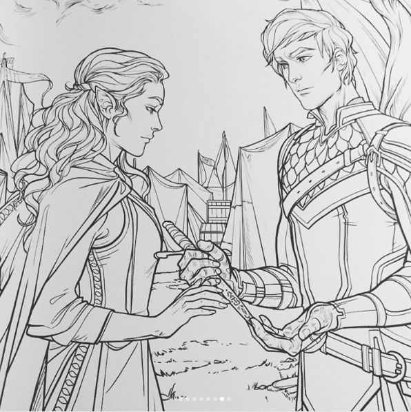 Lucien bowing to Feyre in “A Court Of Thorns And Roses” Coloring Book