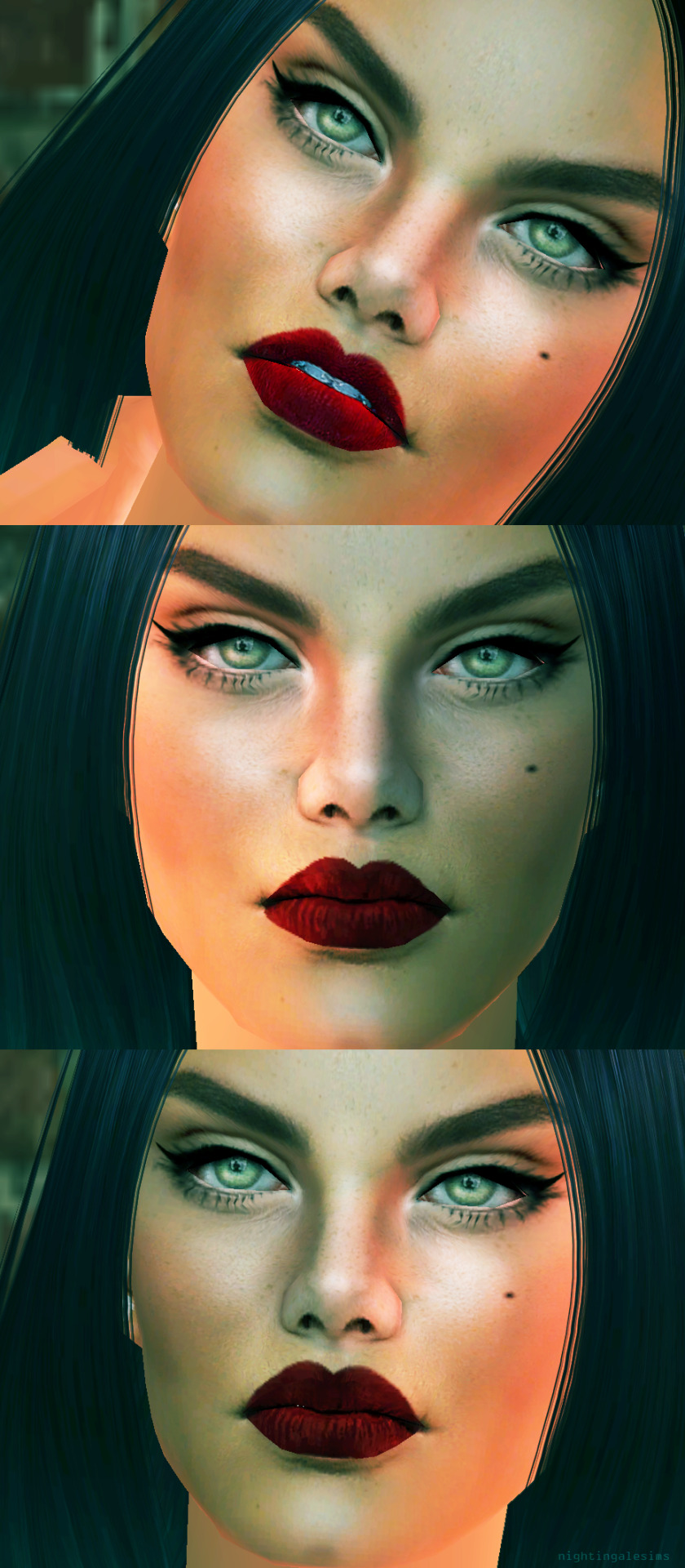 First let me say, before I to question that these lipsticks unfortunately not look good on all kinds of mouth of sims. Unfortunately even because my favorite but was none too well with any of the three. But you can adjust the mouth to the lipstick...