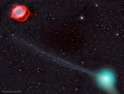 just&ndash;space:  Comet PanSTARRS and the Helix Nebula  : Its rare that such different objects are imaged so close together. Such an occasion is occurring now, though, and was captured two days ago in combined parallel exposures from the Canary Islands