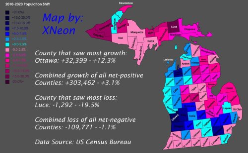 The 2010-2020 population shift in Michigan. The UP and central state are seeing a lot of loss and li