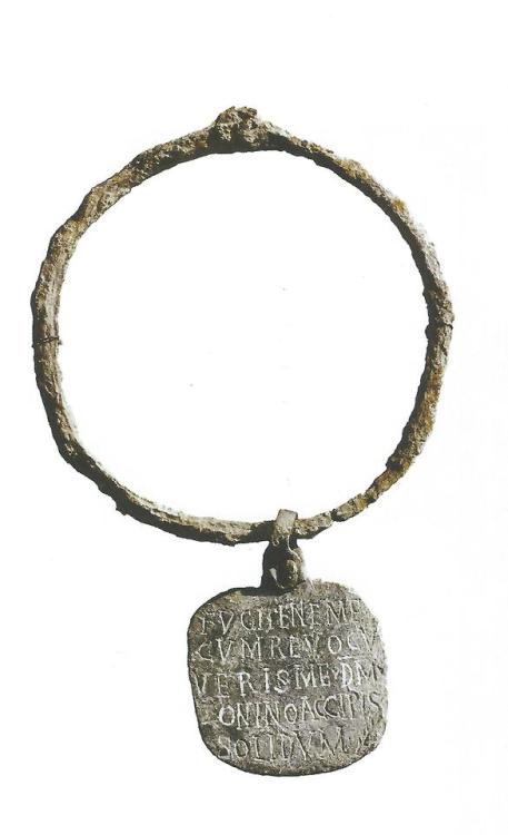 museum-of-artifacts:Ancient roman slave collar with inscription: “I have fled, take me to my master 