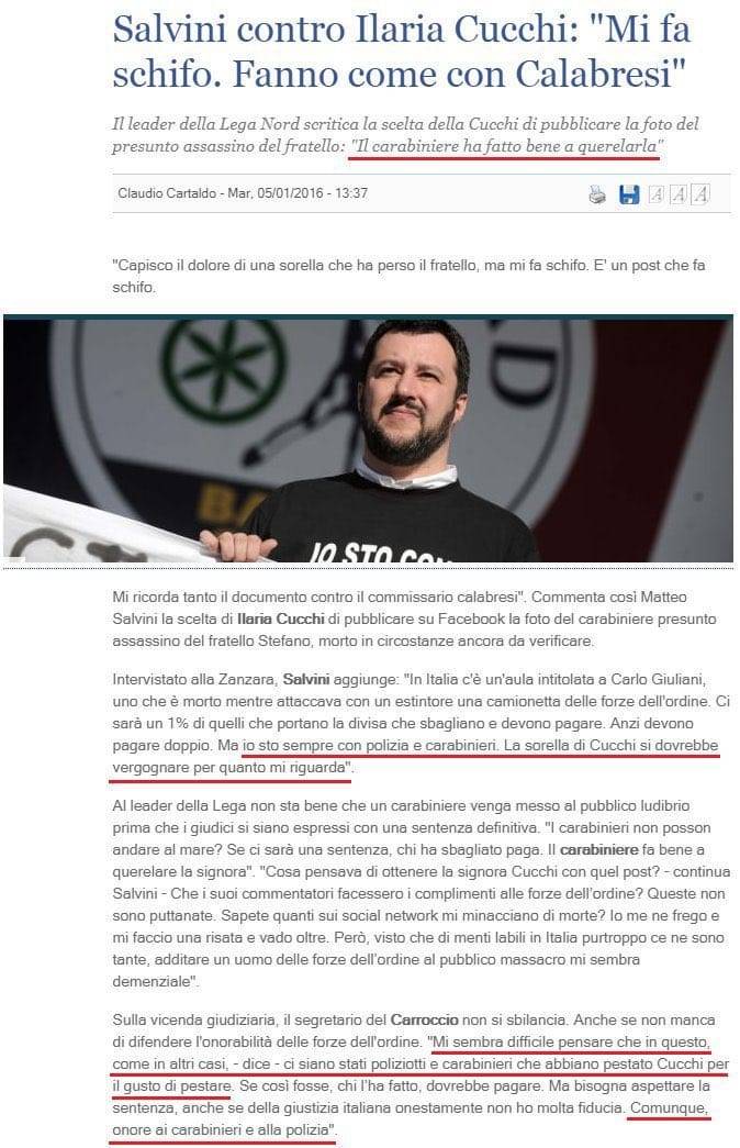 Io non dimentico
“Il carabiniere ha fatto bene a querelarla”
“Io sto sempre con polizia e carabinieri”
“La sorella di Stefano Cucchi si dovrebbe vergognare per quanto mi riguarda”
“Mi sembra difficile pensare che ci siano stati carabinieri che...