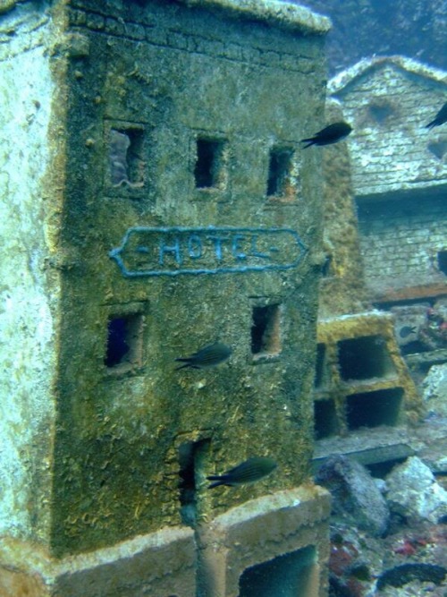 At 30 meters below sea level near a lighthouse called La Fourmigue, off the Cap d’Antibes, lies the remains of a 1000m² underwater miniature French town complete with houses and buildings up to a meter high, a church, town square, an amphitheatre and