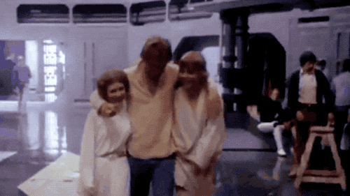 theorganasolo:Carrie Fisher, Harrison Ford, and Mark Hamill on the set of Star Wars