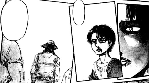 Chapter 6 and Chapter 69:The moment they realized that they were on their own.Not only where they both hurt and bleeding by their noses (T_T), Mikasa’s thoughts were “Where should I have gone to? Anywhere would’ve been too cold for me to live…”