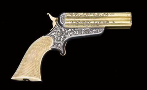 Rare engraved Sharps Hankins four barrel derringer with checkered ivory grips.Estimated Value: $6,00