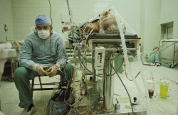 unexplained-events:  Top picture: 1987 Dr. Zbigniew Religa monitors his patient’s vitals after a 23 hour long heart transplant surgery. His assistant is asleep in the corner. Photograph taken by James Stanfield. Bottom picture: His patient who survived