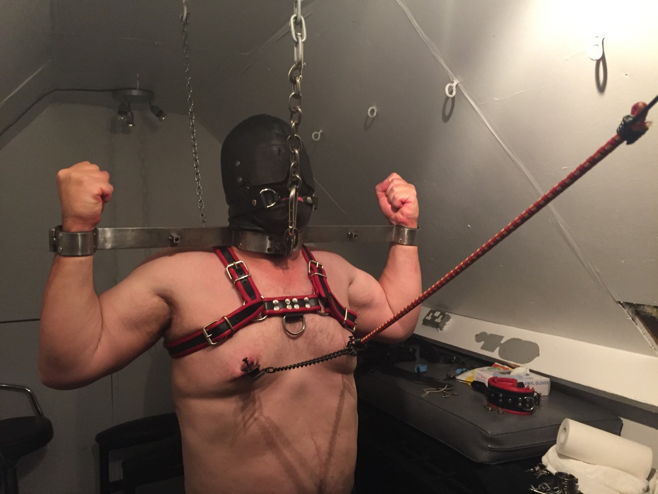 steellock:  Steellock having fun in his steel neck / wrist bar and a steel hook up
