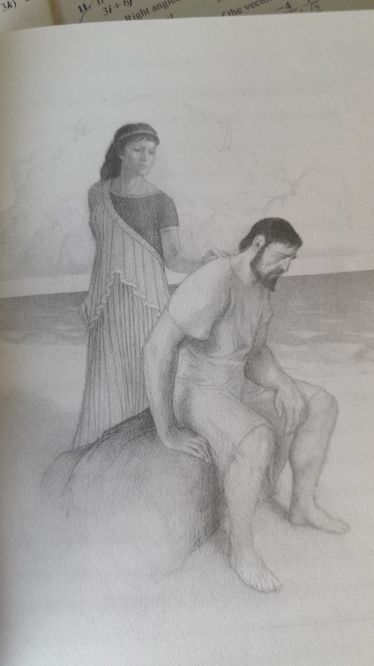 Ok So The Odyssey Book I Have Has This Illustration Of Odysseus And Calypso Where He's Sitting On A Rock