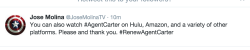 shanology:Can I please draw your attention to this tweet? This is from one of the executive producers of Agent Carter. This is someone intimately involved with the show  basically saying, “hey, our viewership is not high enough”. Look at the hashtag