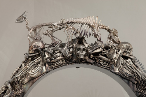 thefabulousweirdtrotters:  John Breed - ”God’s Intention” Mirrored Polished Stainless Steel, Silverplated Animal Skeletons, Wooden Construction 260 cm x 240 cm x 90cm 