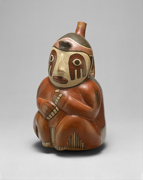 ancientpeoples:Ceramics bottle in shape of seated person 23 cm high and 13.3 cm wide ( 9 1/16 x 5 1/