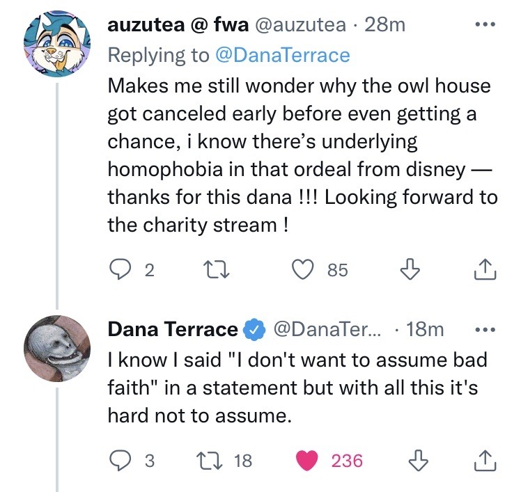 To give context, Dana Terrace is the creator of the Owl House (a disney  kid's show with an open wlw young couple) and she's been continously  screwed over by Disney since production