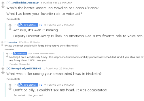 fuckyeahsirpatrickstewart:  Best of Sir Patrick’s Reddit AMA (8/20/15, x, x)