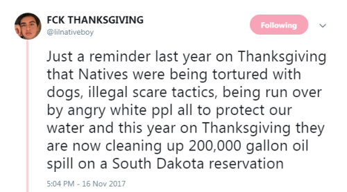 “Just a reminder last year on Thanksgiving that Natives were being tortured with dogs, illegal