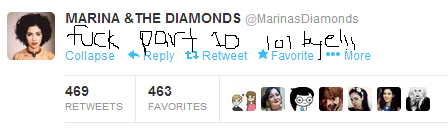 hellyeahdiamandis:  popemarina:  omg can u believe marina tweeted this   Omg that bitch