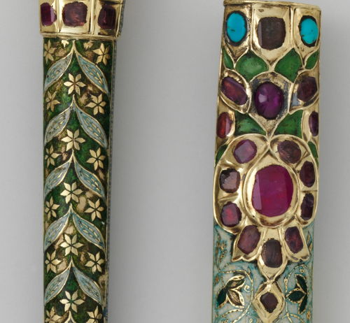 brassmanticore:Silver knife and enamelled sheath set with rubies, India, 18th century (Met).