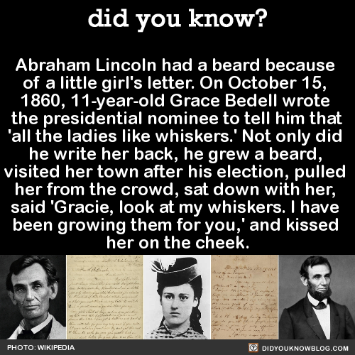 did-you-kno:  Abraham Lincoln had a beard because  of a little girl’s letter. Grace’s