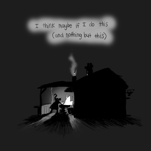 cet-abime:maddiesharafian:A Blacksmith’s Dream [id: a digital comic in black and white. 1