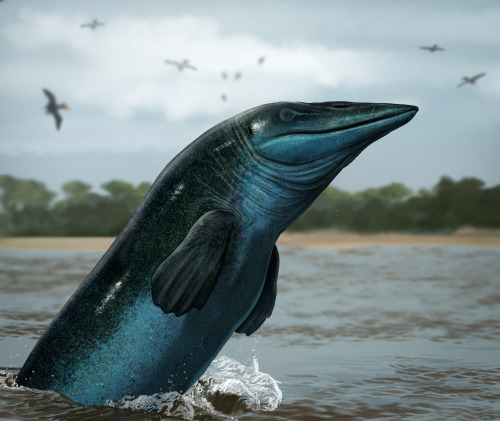 A male tylosaurus leaping from the water in an attempted courtship display.