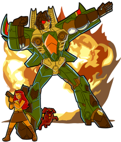 This was commissioned by a buddy of mine who goes by DarksideStraxus on deviantART,  and he wanted me to draw Thundercracker, Marissa Faireborn, and Buster, posing in front of an explosion.