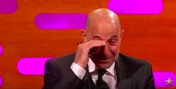 zedstream: trainthief: here’s some caps of stanley tucci crying with laughter after being asked what wine pairs best with eating ass  The face of a man who knows the answer but doesn’t want to say it 