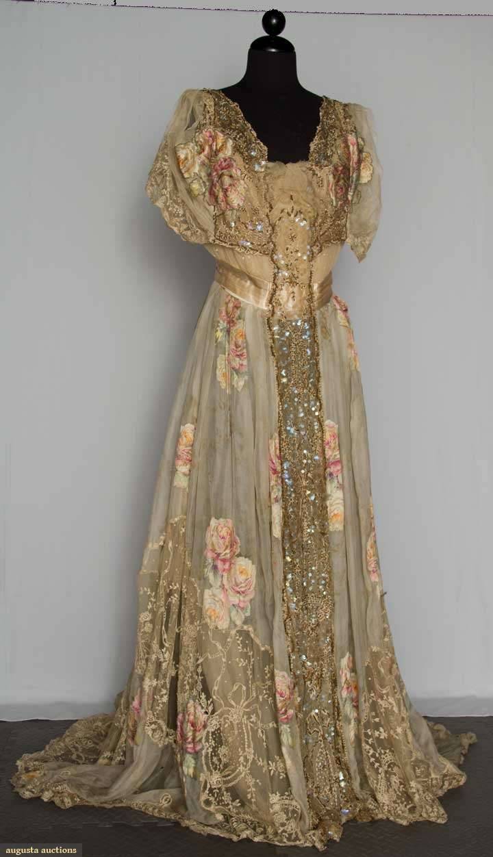  Belle Epoch Gown: “one piece cream silk chiffon w/ pale printed &amp; flocked