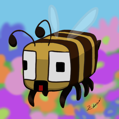 A minecraft bee with Keralis's face on it (big eyes, open mouth), on a background of blurred pastel flowers and soft blue sky.