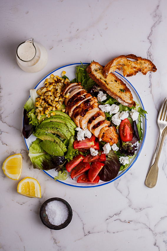 fattributes:  Spicy Roast Chicken Salad with Ciabatta Crisps and Creamy Lemon Dressing