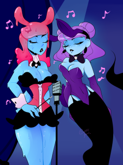 Drew another one of @zoestanleyarts​ characters because they’re hella fab and fun to draww. This is her bab Bibi and my ghost gal singing the blues &lt;3