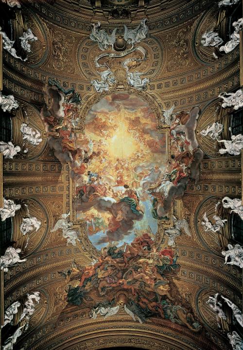 art2202:Giovanni Battista Gaulli, Triumph of the Name of Jesus, ceiling fresco with stucco figures o