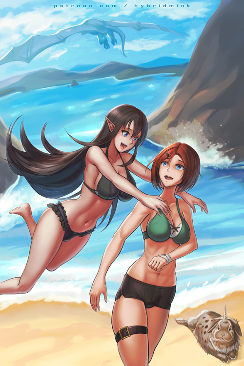 hybridmink:  Mercedes and Artemis: a commission of TWO OC’s (technically 3) on the beach :DPut