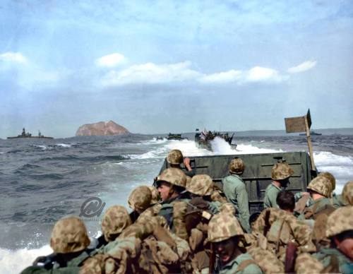 U.S. Marines In Landing Craft, Vehicle And Personnel (LCVPs) Head For The Beaches At Iwo Jima During