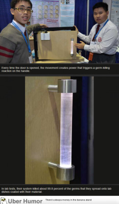 omg-pictures:  Two students have developed a bathroom door handle that can knock out germs on contact.http://omg-pictures.tumblr.com  As long as its not chemical&hellip; this would be epic.  With more applications than just fucking door handles!