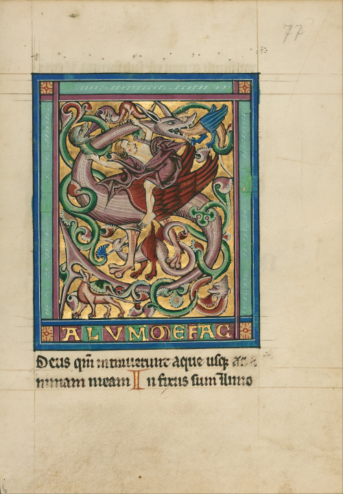 Initial letter S (beginning the Latin text of Psalm 68), featuring a griffin and its rider.  Unknown