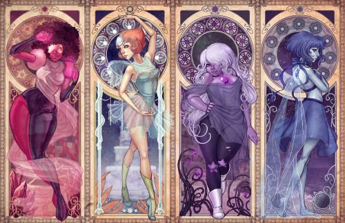 dreamerwhit:  Finished my Steven Universe piece!Inspired by Alphonse Mucha’s art nouveau style :)full view: http://fav.me/d9tkfmi 