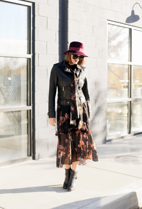 Who What Wear winter dress, black chiffon, leather jacket, hat