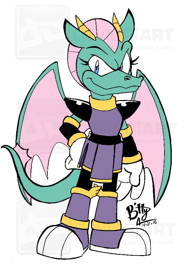 Dulcy the dragon as she appears in the upcoming sonic comic! :D
(Not sure if this is the exact design for her outfit since I based it off the comic cover!)
enjoy!