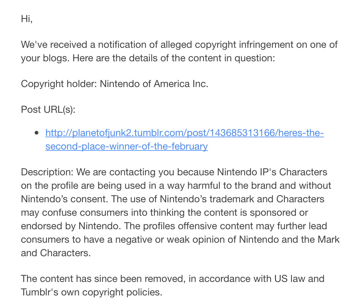 The post involving Link, Zelda, and Bayonetta Patreon picture got removed from Tumblr