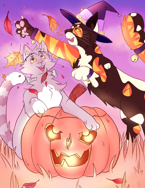 Long time no post, Happy Halloween from Rainberry and Meadowmarch everyone!
Cats depicted are my best friend and I’s Warriorsona’s - grey tom is Rainberry and tortie is Meadowmarch!
Happy Halloween and may your night be spooky and sweet!