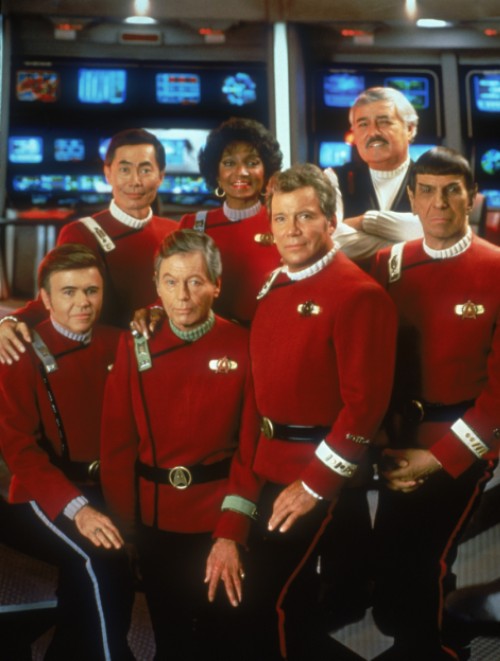 Walter Koenig, Leonard Nimoy, William Shatner, James Doohan, DeForest Kelley, George Takei, and Nich