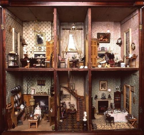 cair–paravel:1850s dolls’ house inside a cupboard, fully furnished and with electric chandeliers.