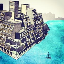 Buckminster Fuller&rsquo;s Triton City design, 1967.  Set to be built in Tokyo Bay and house 6,000 residents, the city would utilize and desalinize the saltwater it would float on and be built by recycled materials.  The project was never fully realized.