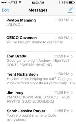 kickoffcoverage:  Andrew Luck’s text inbox following Colts loss to the Patriots!(Credit: Sports Humor)