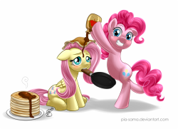pia-chan:  Fluttersy just tried to flip the pancake in the air and you see where it ended… and Pinkie though is a new style to eat pancakes! xD  X3 D'aww, poor Fluttershy~ &lt;3