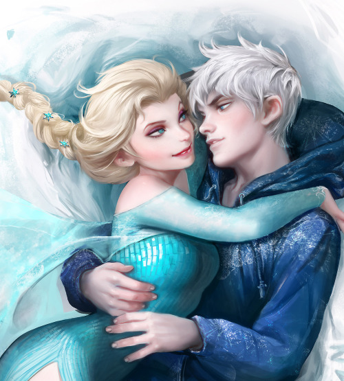 sakimichan:  Late Valentine picture XD;;; Hope you guys enjoy <3 Just wanted to do something sexy but yet appropriate for Mister Jack Frost and Elsa, the snow queen ^_~  Their Love is Melting the snow…