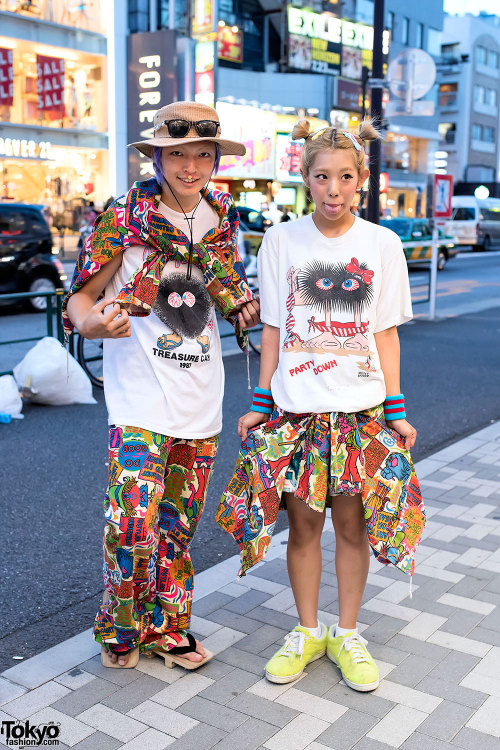 tokyo-fashion:  Takuya and Chiharu on the street in Harajuku wearing fashion from 70s Monster, Bikini Monster, Buttstain, and Airwalk. They are both in with the Tokyo Funks skate/surf collective. Full Looks