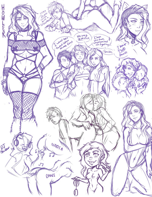 kyhuafterdark:   stream sketches of the OT3 girlfriends!:   my OC Nadia, Niko’s Dani, and Owler’s Howler <3  oh how I wish I was part of this group > n<.