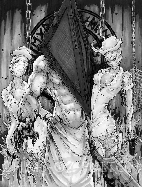 killedtheinnocentpeople:  Pyramid Head and Nurses Silent Hill by Chrisozfulton.